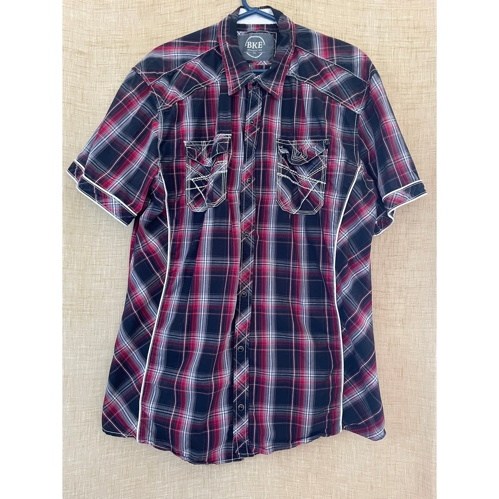 BKE Athletic Fit XXL Plaid Short‎ Sleeve Button Up Shirt Western Pockets